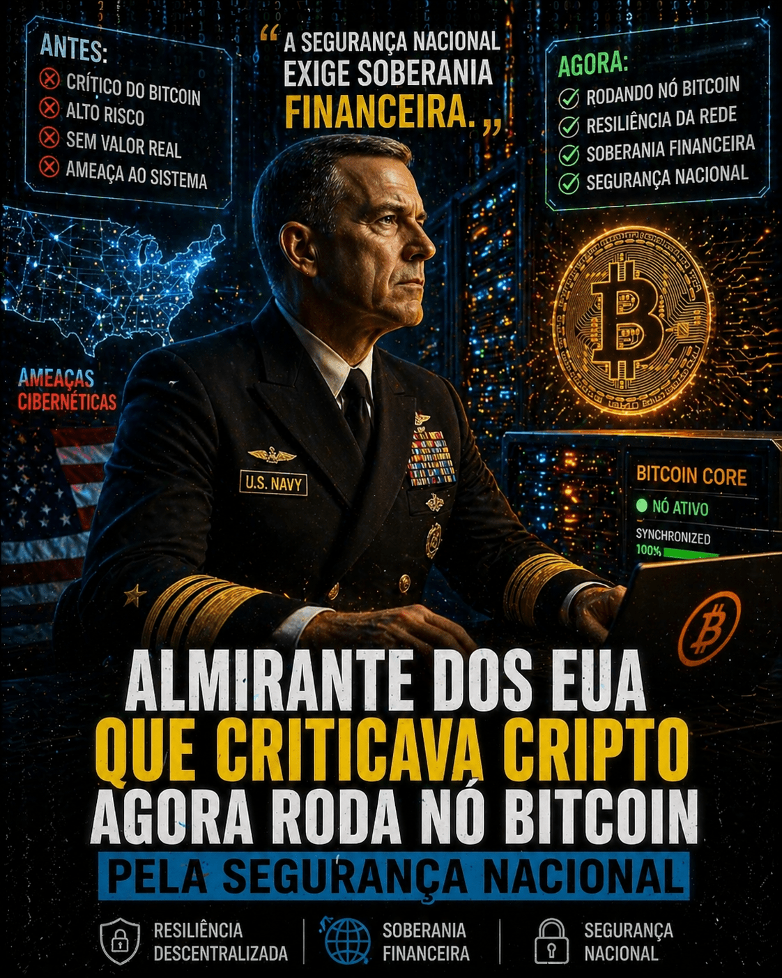 Almirante dos EUA que criticava cripto agora roda nó Bitcoin pela segurança nacional