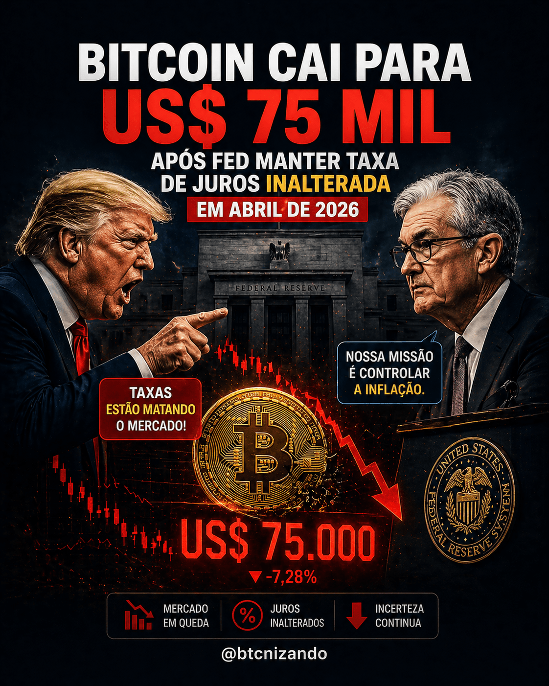 Bitcoin cai para US$ 75 mil após Fed manter taxa de juros inalterada em abril de 2026