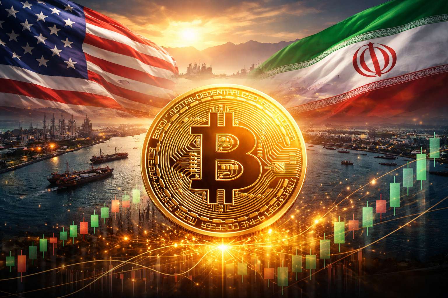 Bitcoin hoje em alta após trégua entre EUA e Irã com Estreito de Ormuz ao fundo