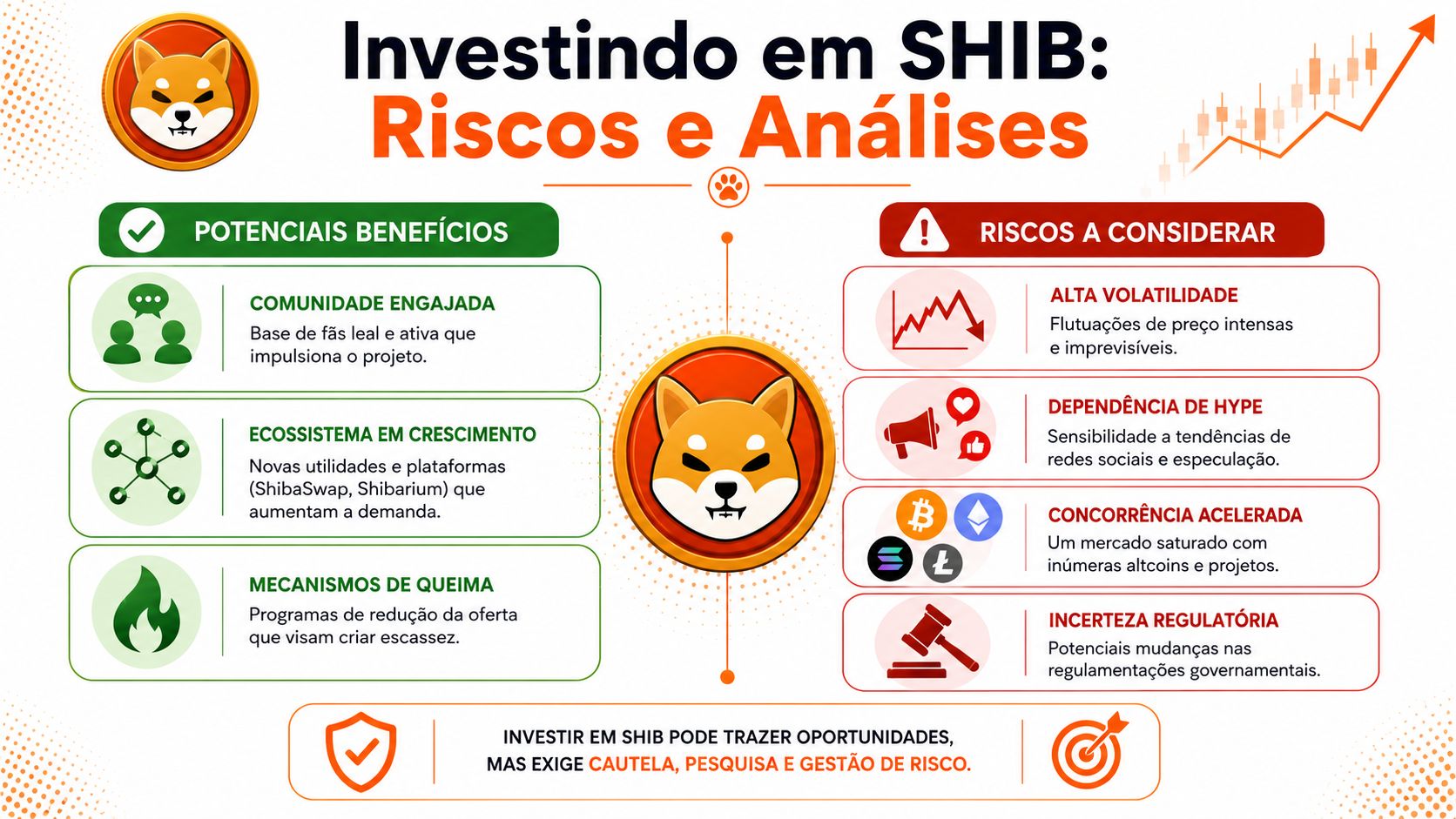 Infográfico detalhado sobre os potenciais benefícios e riscos ao investir na criptomoeda Shiba Inu, destacando análises financeiras fundamentais.