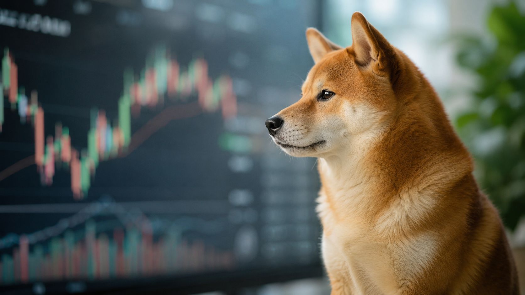 Cachorro da raça Shiba Inu sentado observando um gráfico de trading de criptomoedas em um monitor grande.